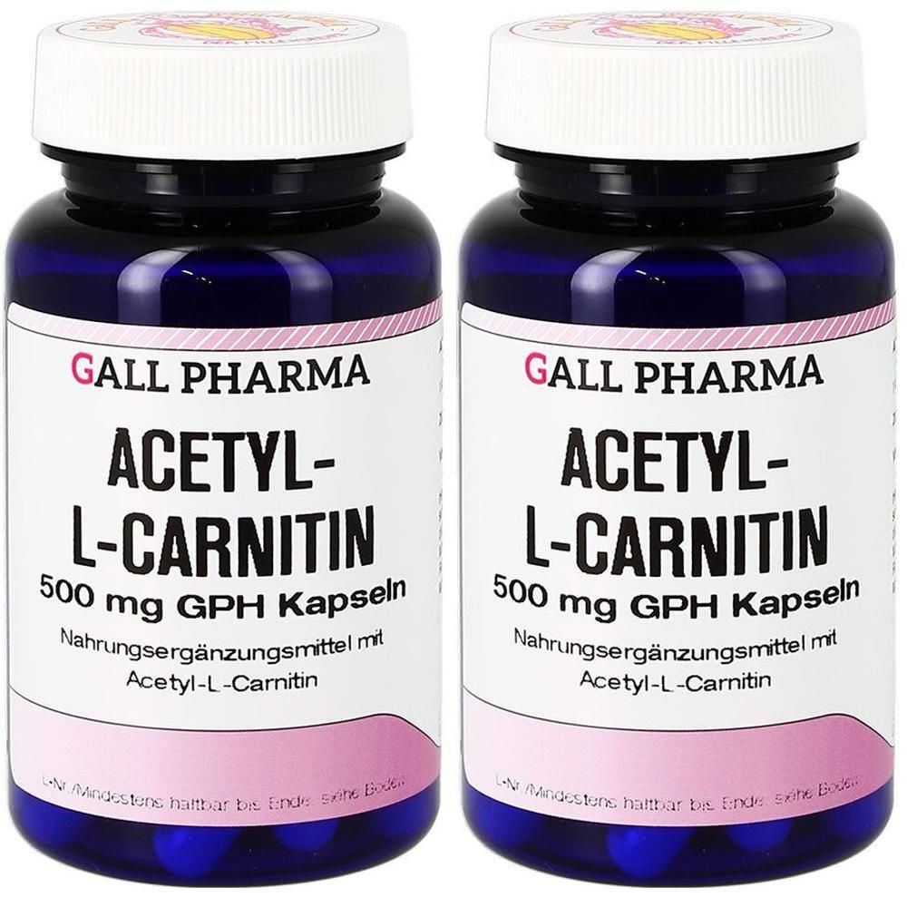 Zwei Flaschen Gall Pharma Acetyl-L-Carnitin 500 mg GPH Kapseln, Nahrungsergänzungsmittel.