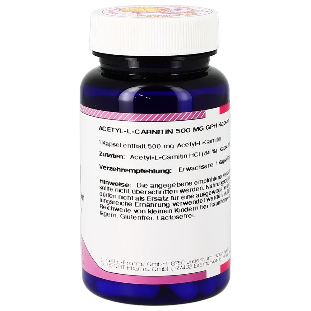 Eine Flasche Gall Pharma Acetyl-L-Carnitin 500 mg GPH Kapseln, Rückseite mit Informationen.