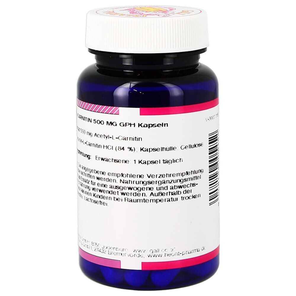Eine Flasche Gall Pharma Acetyl-L-Carnitin 500 mg GPH Kapseln, Rückseite mit Informationen.