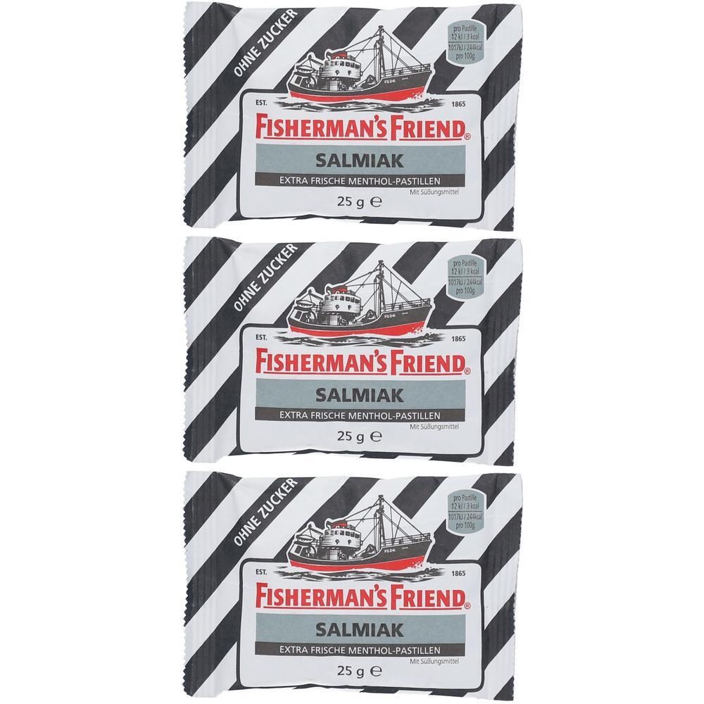 Drei Packungen FISHERMAN’S FRIEND Salmiak ohne Zucker, je 25g.