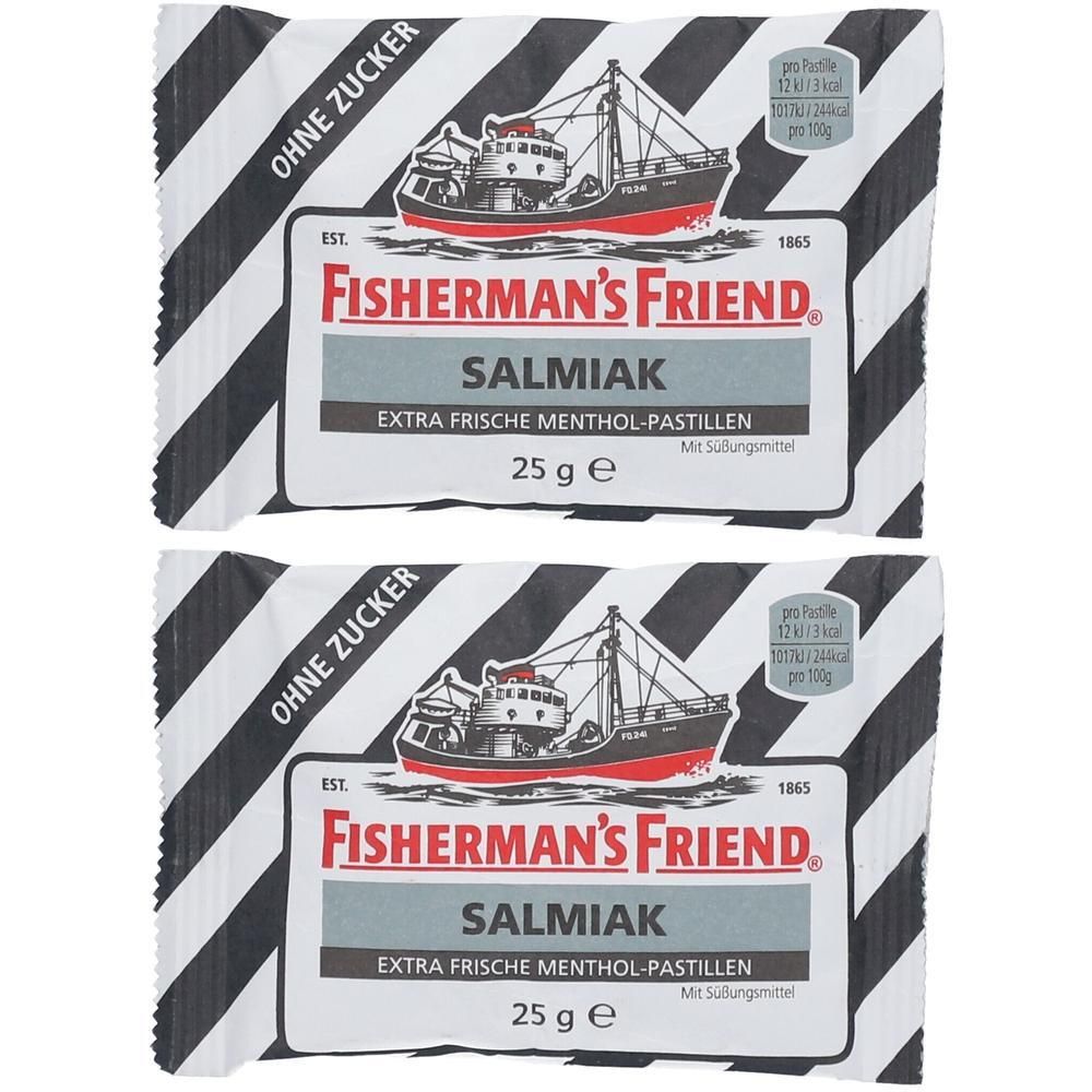 Zwei Packungen FISHERMAN'S FRIEND Salmiak ohne Zucker, je 25g.