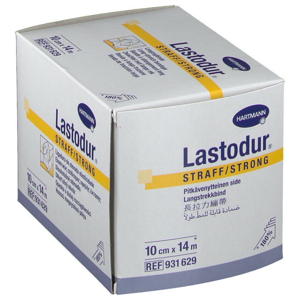 Verpackung Lastodur® Langzugbinde, 10 cm x 14 m, mit Hartmann Logo.