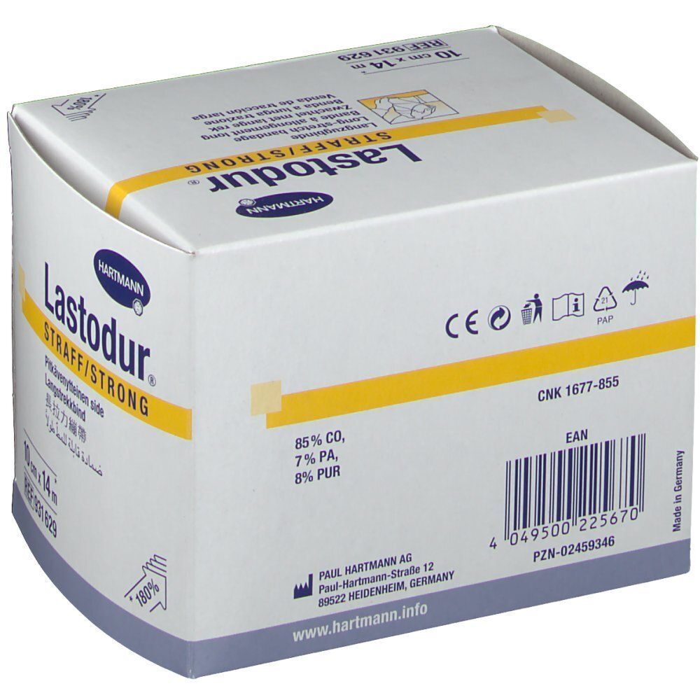 Rückseite der Lastodur® Langzugbinde Verpackung, 10 cm x 14 m, mit CE-Zeichen.