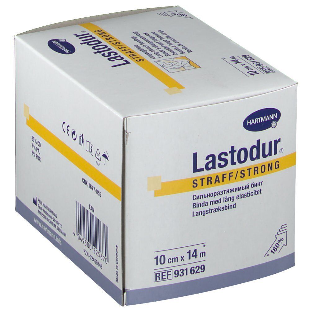 Verpackung Lastodur® Langzugbinde, 10 cm x 14 m, mit Produktinformationen.