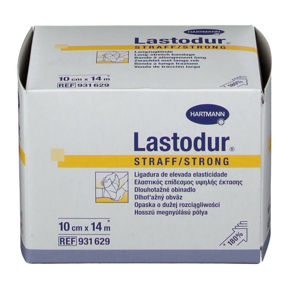 Verpackung Lastodur® Langzugbinde, 10 cm x 14 m, mit mehrsprachigen Hinweisen.