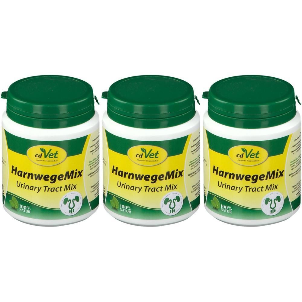 Drei Behälter cd Vet HarnwegeMix Urinary Tract Mix mit grünen Deckeln und gelben Etiketten.