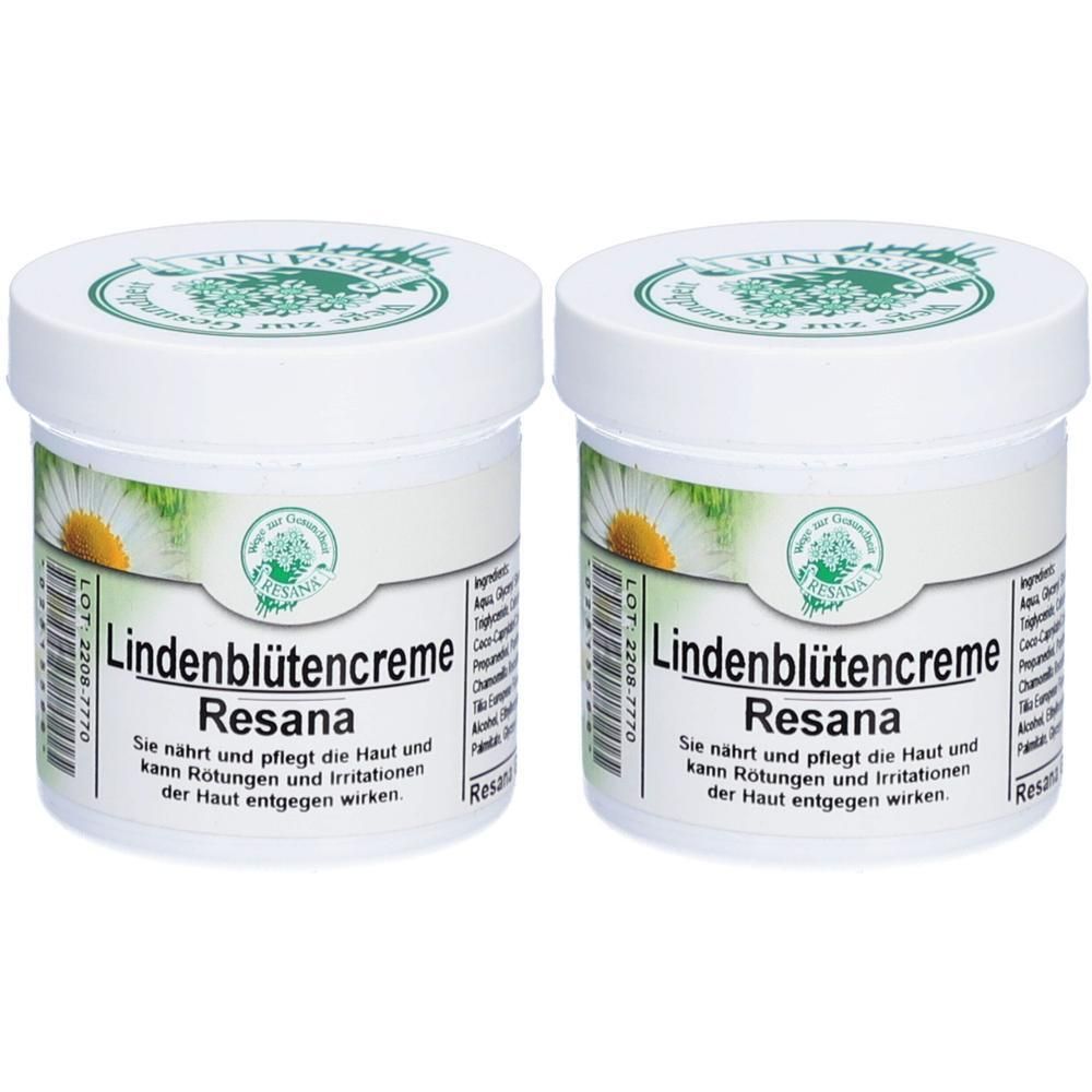 Zwei weiße Tiegel mit Lindenblütencreme Resana. Vorderseite mit Blütenmotiv und Produktinformationen.