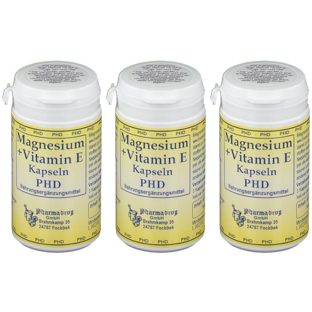Drei Dosen PHD Magnesium + Vitamin E Kapseln.