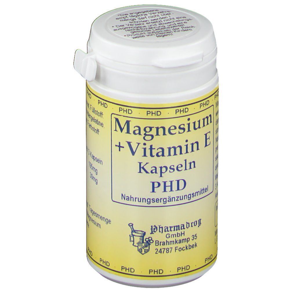 Vorderseite einer Dose PHD Magnesium + Vitamin E Kapseln.