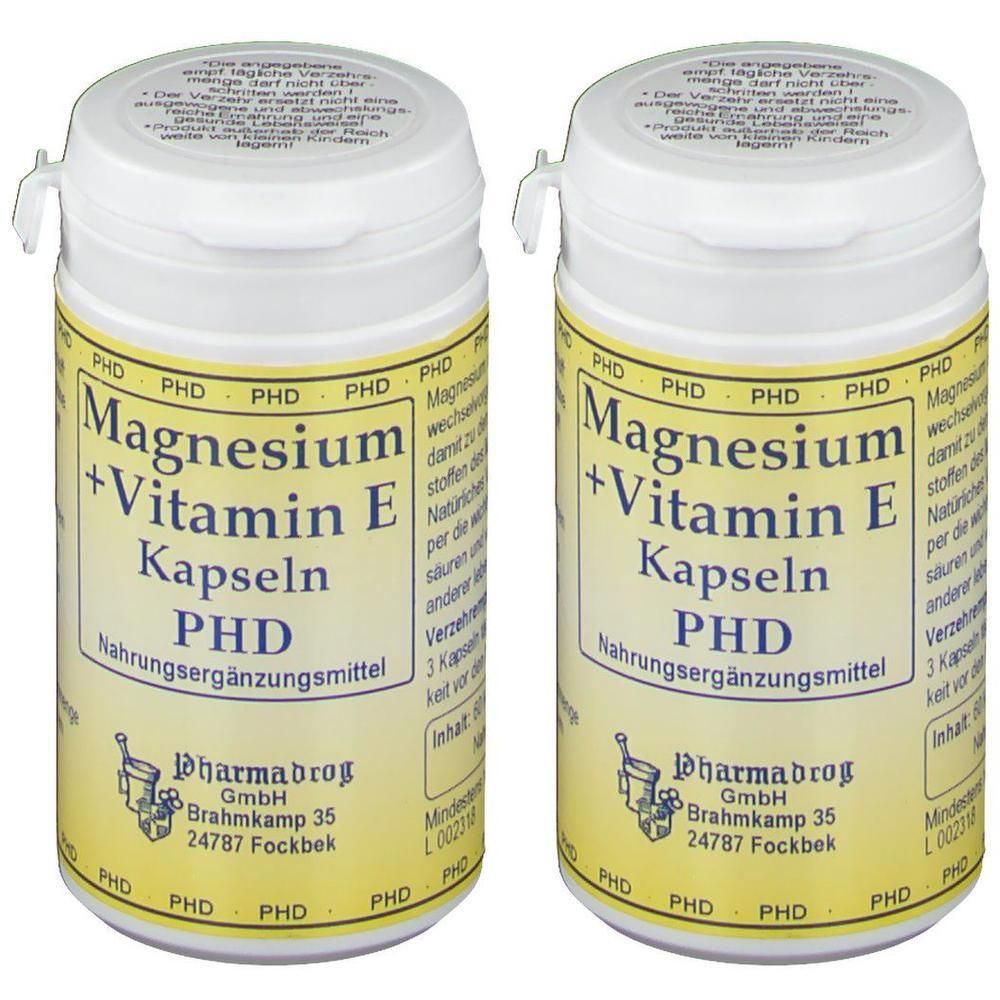 Zwei Dosen PHD Magnesium + Vitamin E Kapseln, Nahrungsergänzungsmittel.