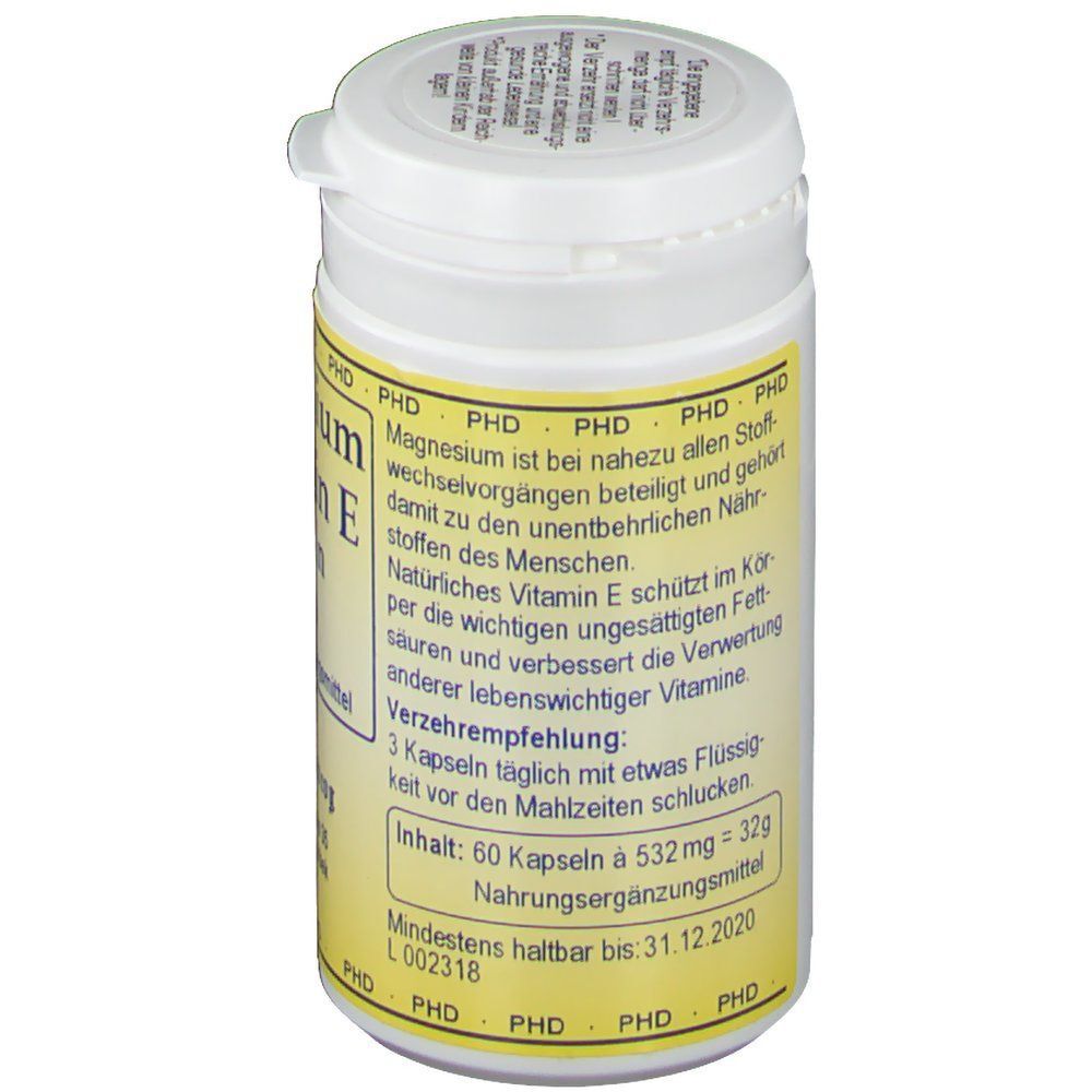 Dose PHD Magnesium + Vitamin E Kapseln mit Hinweisen zu Inhaltsstoffen und Verzehrempfehlung.