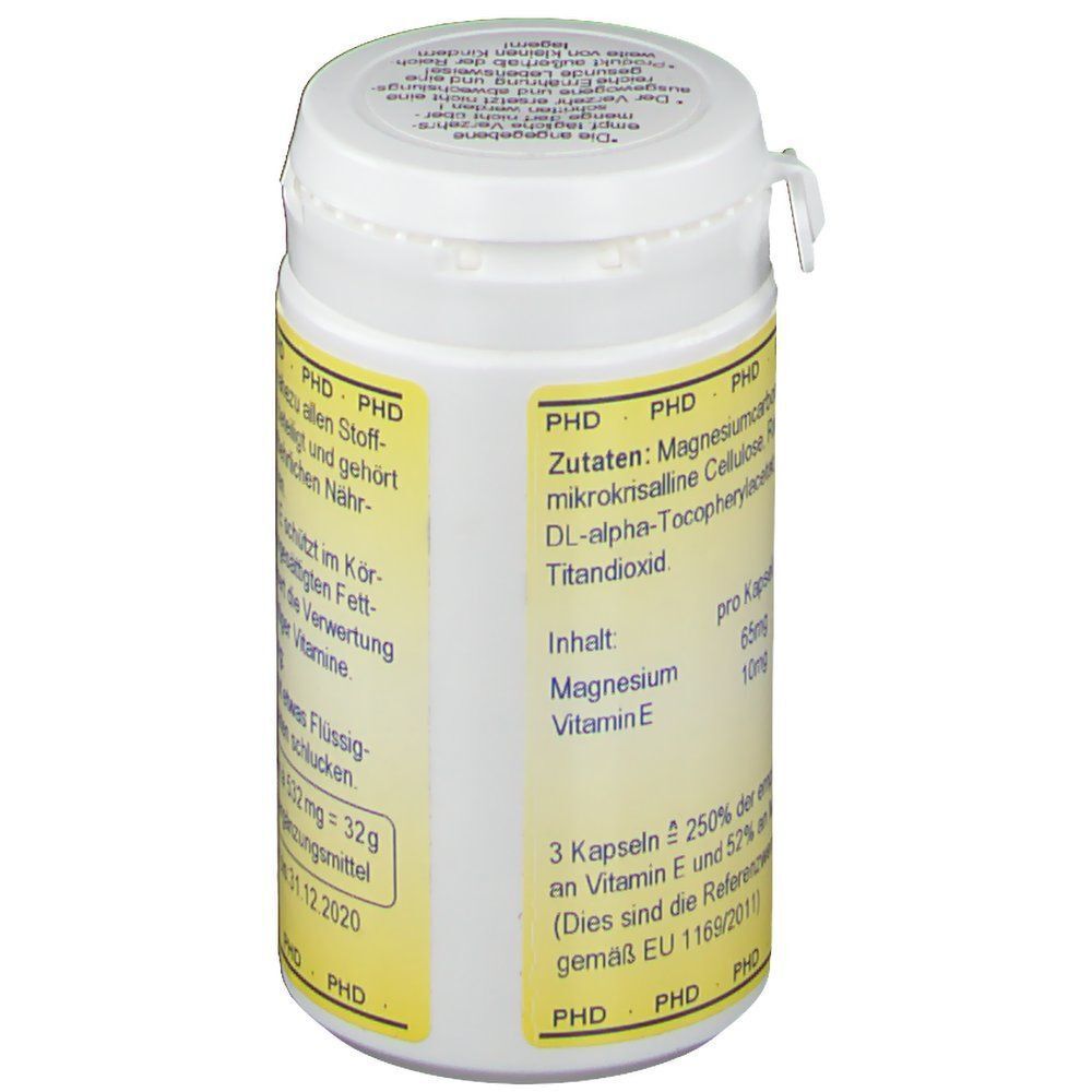 Dose PHD Magnesium + Vitamin E Kapseln mit Zutatenliste und Nährwertangaben pro Kapsel.