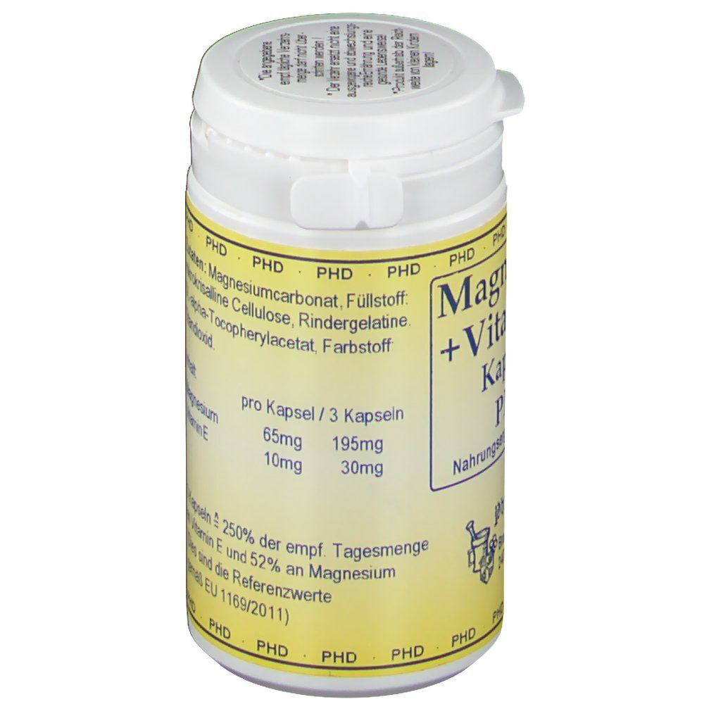 Dose PHD Magnesium + Vitamin E Kapseln mit Zutatenliste und Angaben zu Magnesium und Vitamin E.