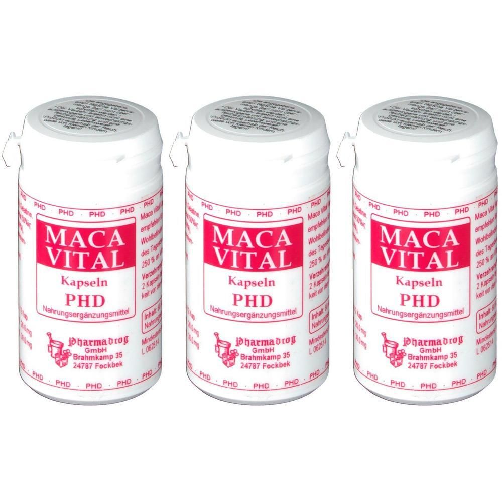 Drei weiße Behälter mit Maca Vital Kapseln, vorne mit rotem Etikett.