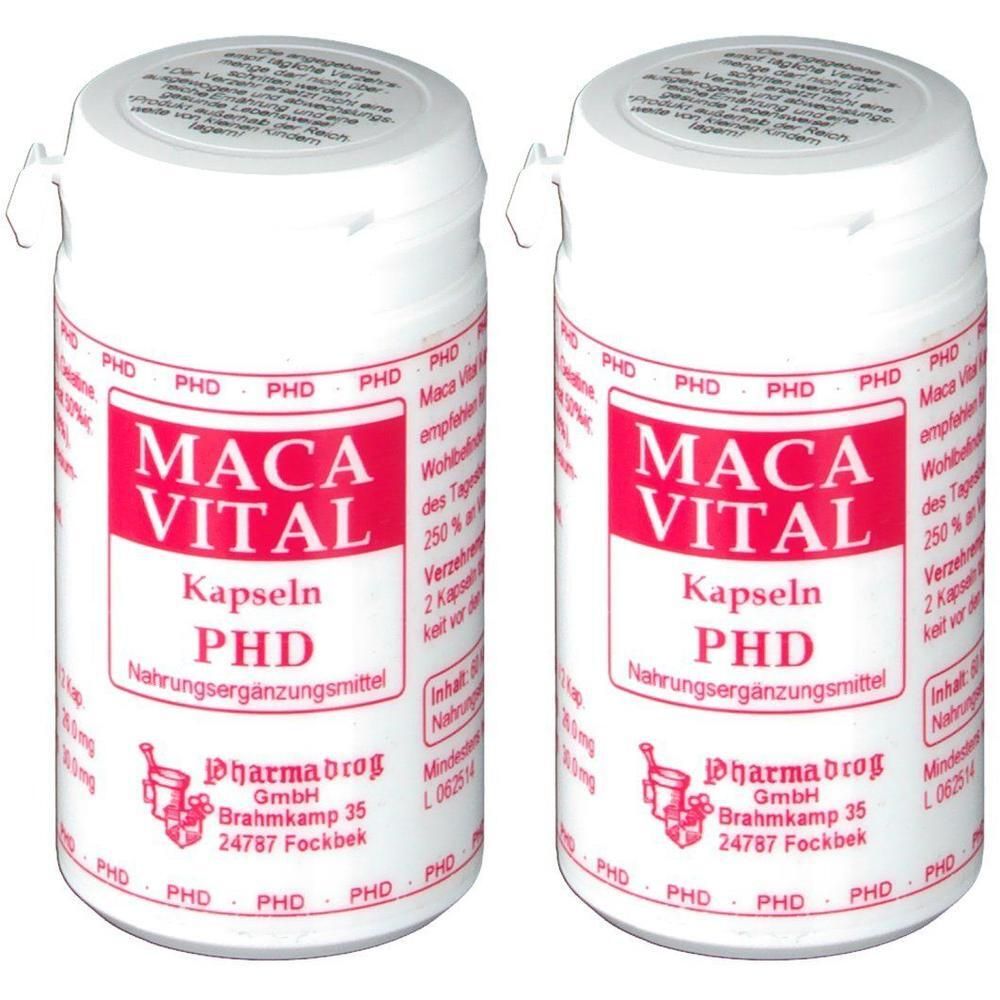 Zwei weiße Behälter mit Maca Vital Kapseln, Nahrungsergänzungsmittel.