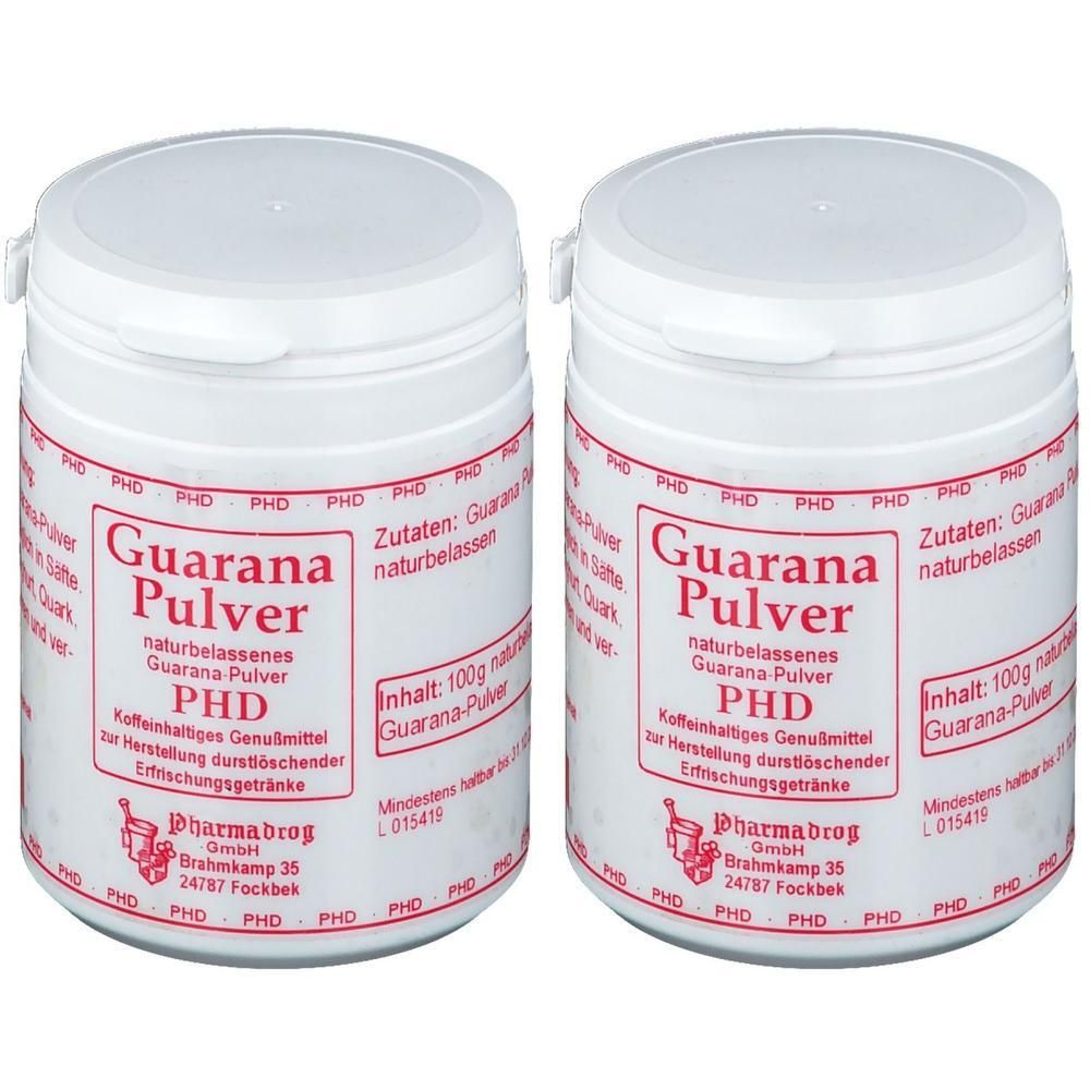 Zwei Dosen Guarana Pulver, 100g Inhalt, mit rotem Etikett und weißen Deckeln.