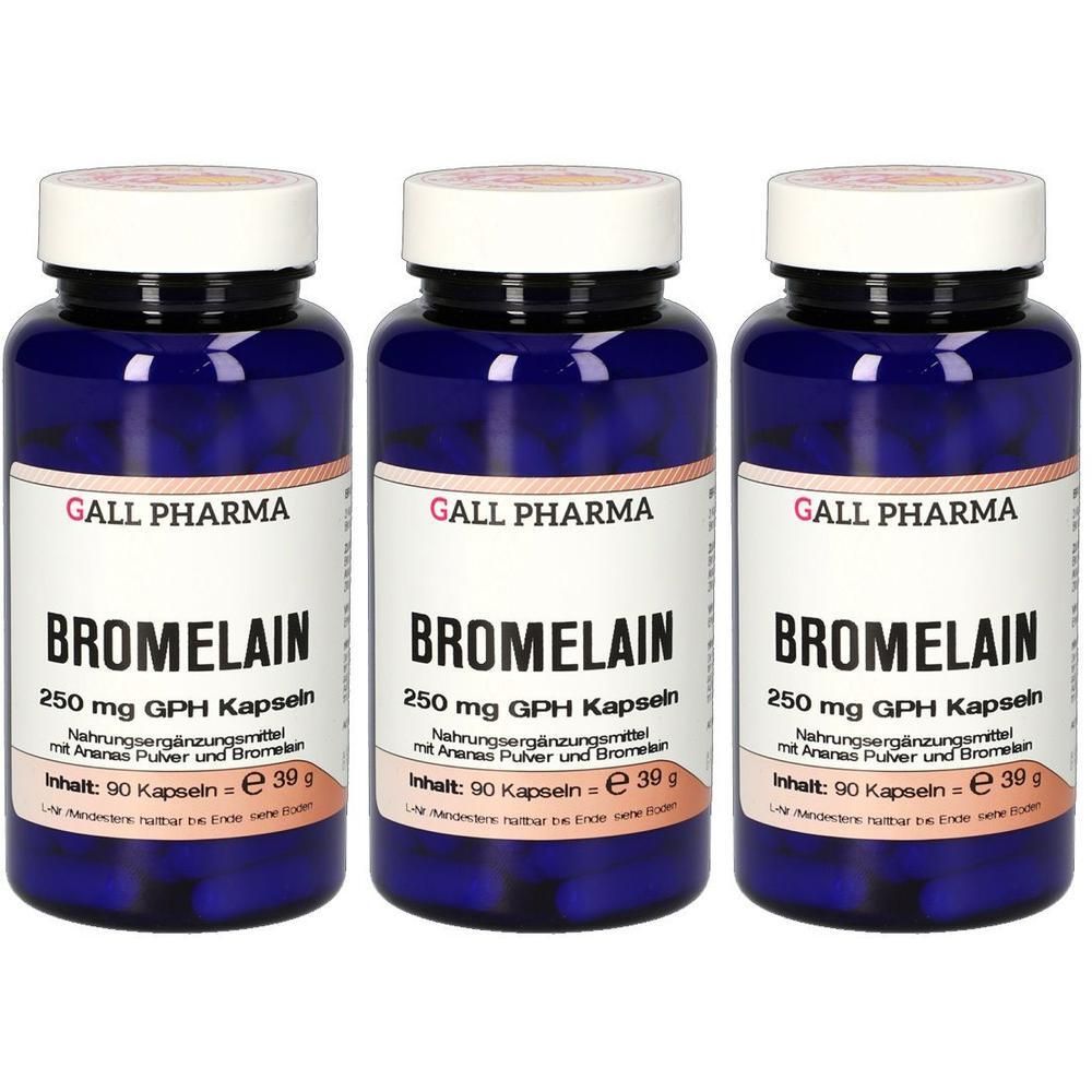 Drei Flaschen Bromelain 250 mg GPH Kapseln, Nahrungsergänzungsmittel mit Ananas Pulver und Bromelain.