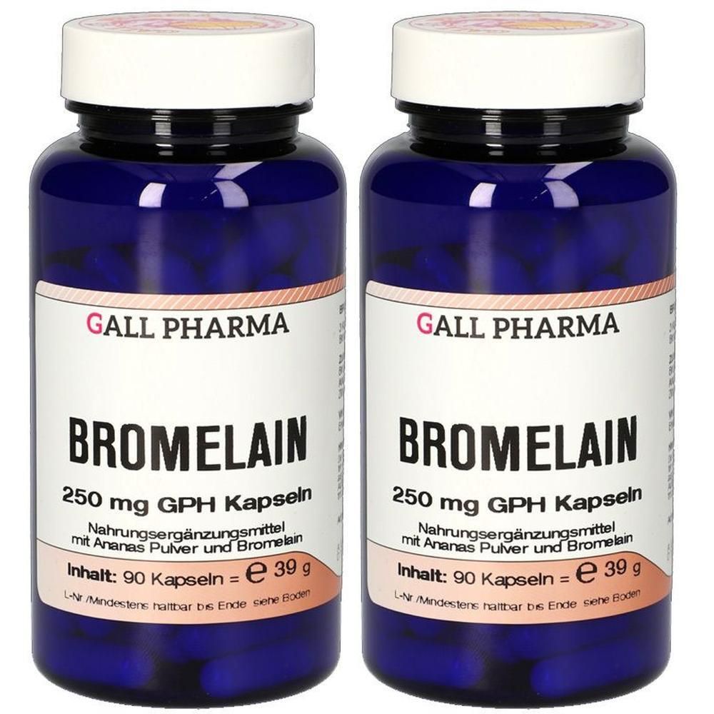 Zwei Flaschen Bromelain 250 mg GPH Kapseln, jeweils 90 Kapseln.