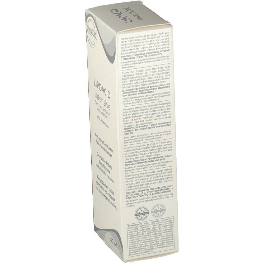 Faltschachtel SYNCHROLINE Lipoacid Intensiv Creme, Rückseite mit Text und Siegeln, 50 ml.