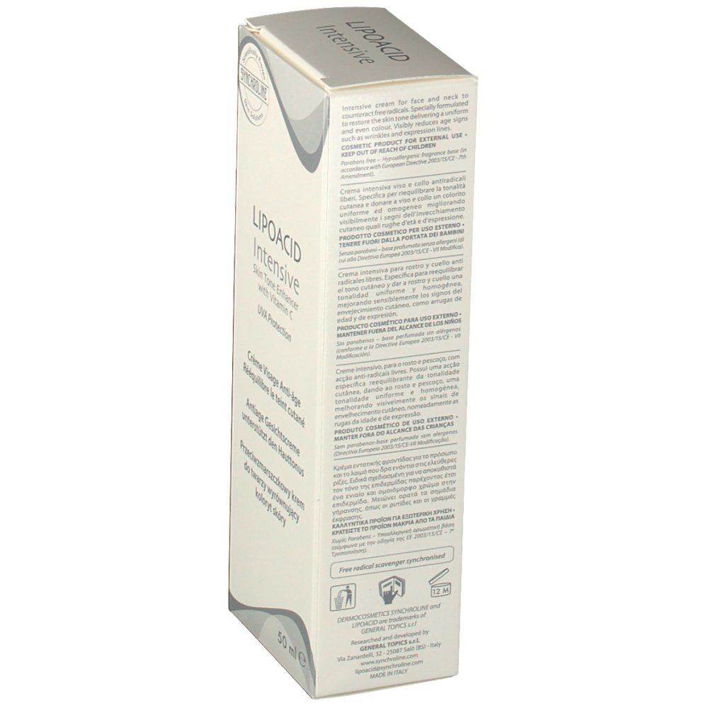Faltschachtel LIPOACID Intensive Skin Tone Enhancer mit Vitamin C, Seite mit Text und Siegeln, 50 ml.