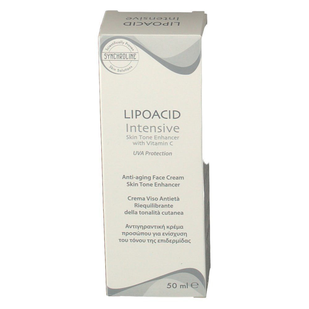 Faltschachtel LIPOACID Intensive Skin Tone Enhancer mit Vitamin C, Vorderseite mit Text, 50 ml.