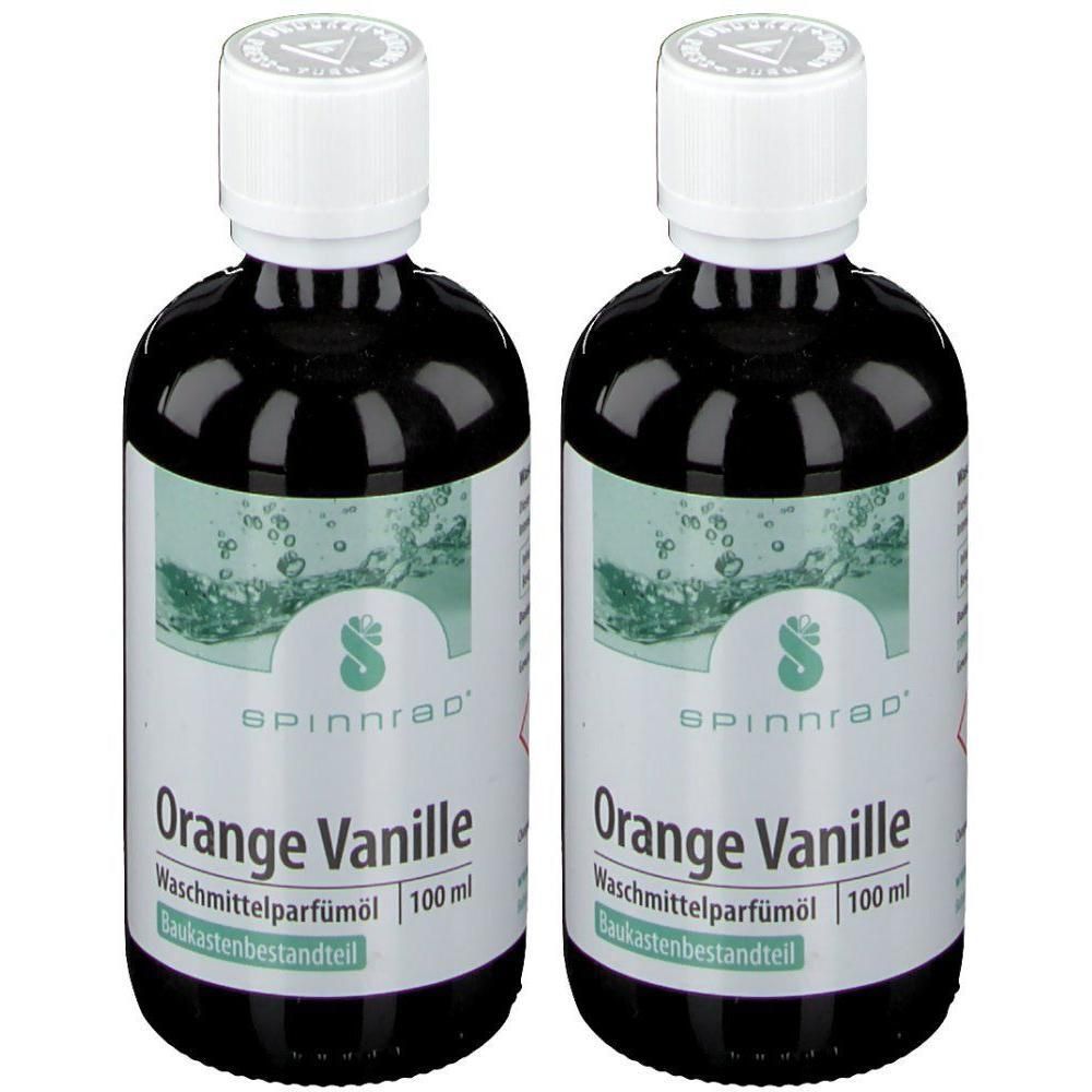 Zwei Flaschen Spinnrad® Orange Vanille Waschmittel-Parfümöl, je 100 ml.