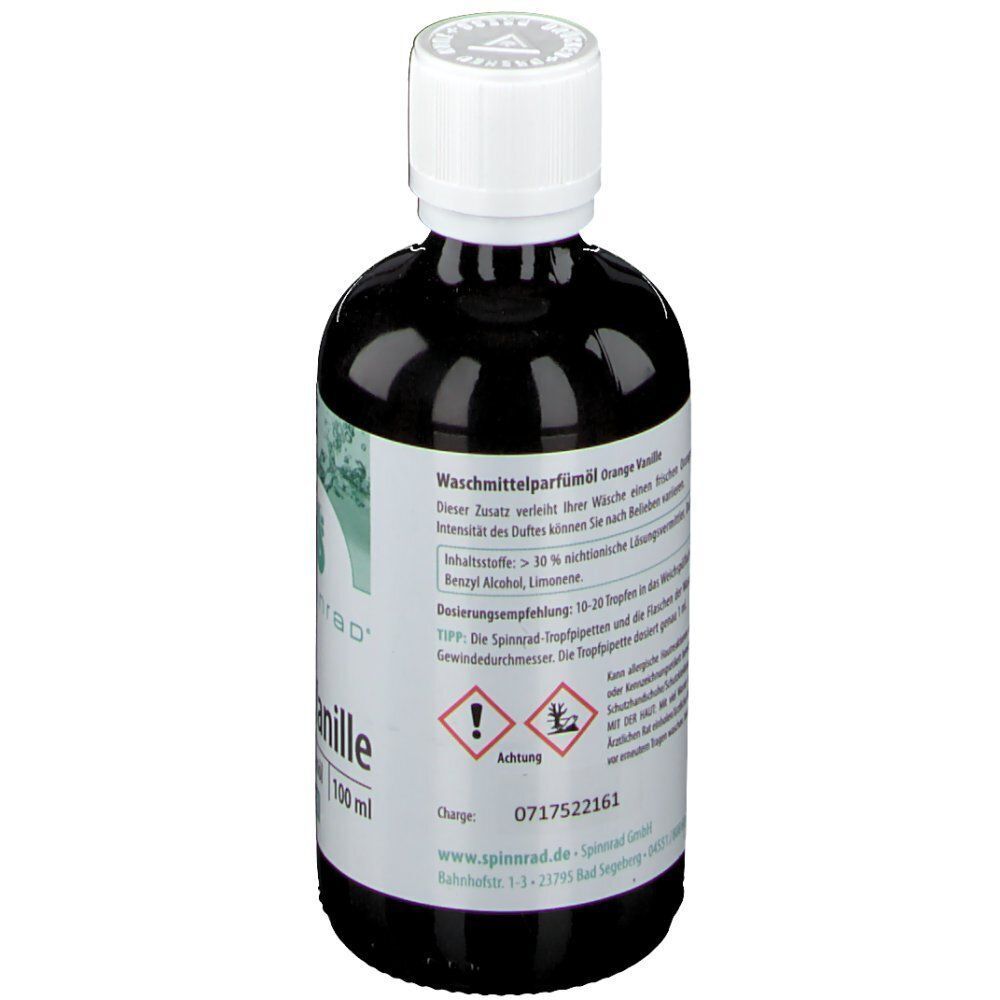 Rückseite einer Flasche Spinnrad® Orange Vanille Waschmittel-Parfümöl mit Inhaltsstoffen und Anwendungshinweisen.