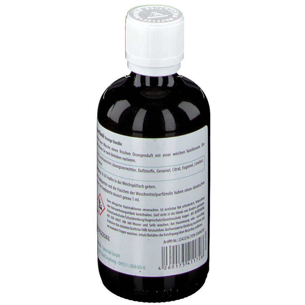 Rückseite einer Flasche Spinnrad® Orange Vanille Waschmittel-Parfümöl mit Inhaltsstoffen und Warnhinweisen.