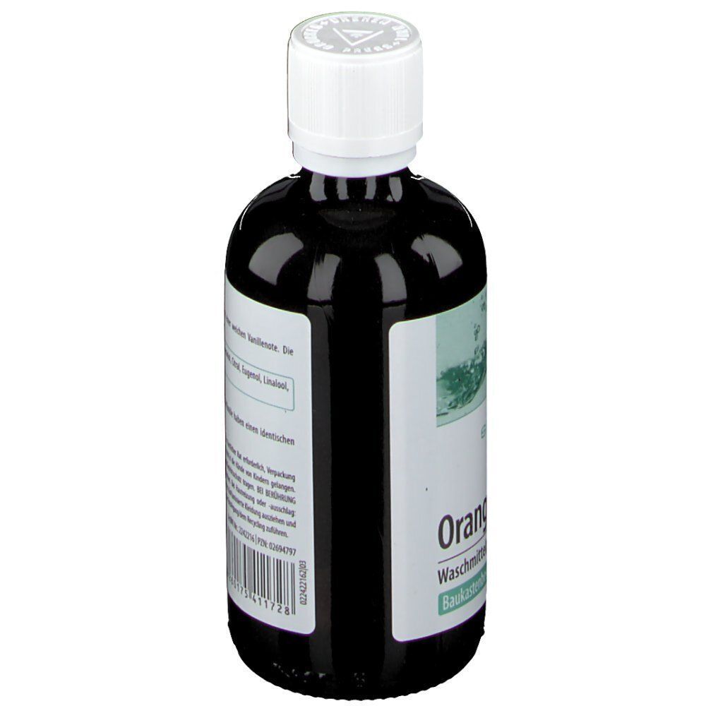 Rückseite einer Flasche Spinnrad® Orange Vanille Waschmittel-Parfümöl mit Barcode und Chargennummer.