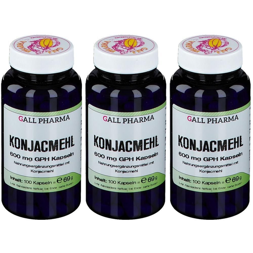 Drei Flaschen Konjacmehl 600 mg GPH Kapseln von Gall Pharma. Inhalt: 100 Kapseln pro Flasche.
