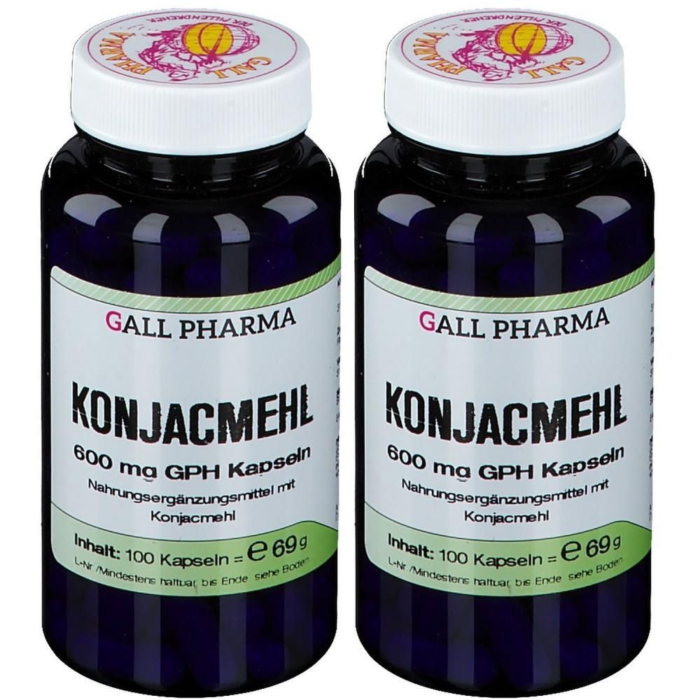 Zwei Flaschen Konjacmehl 600 mg GPH Kapseln von Gall Pharma. Nahrungsergänzungsmittel mit Konjacmehl.