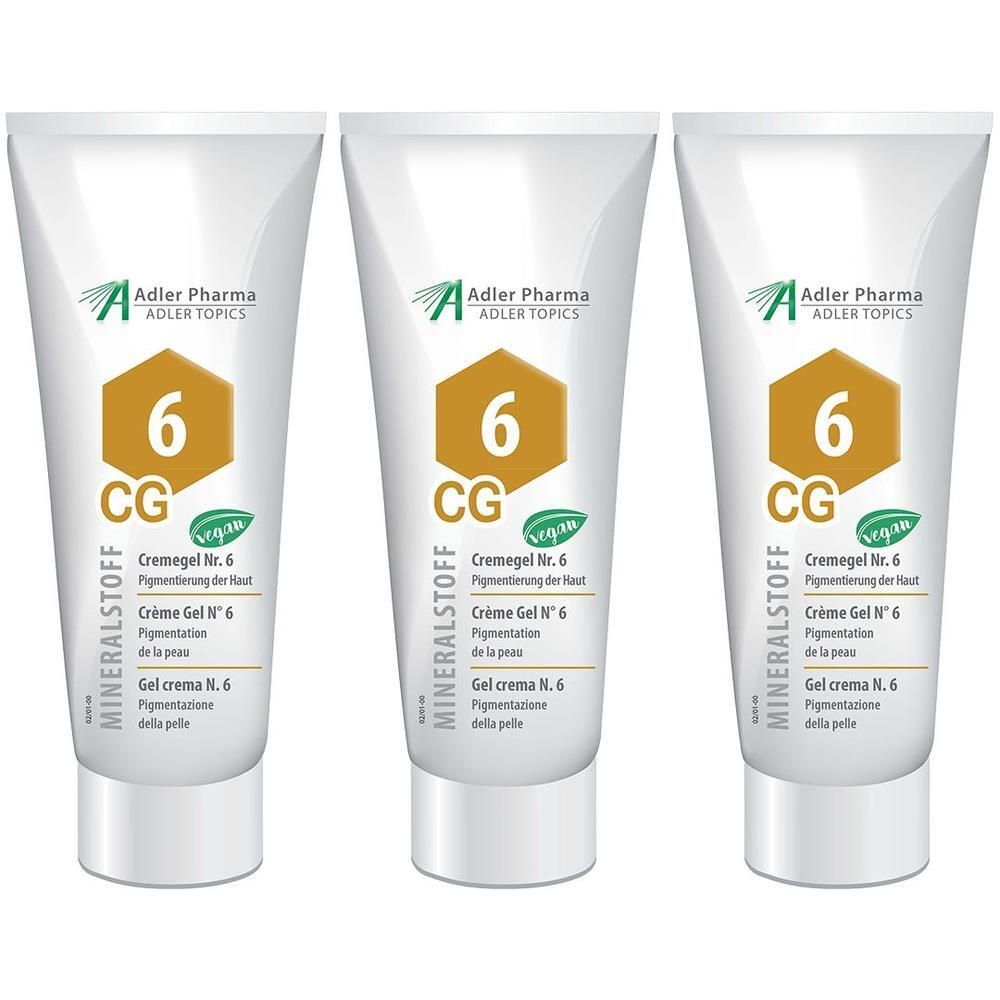 Drei Tuben MINERALSTOFF Cremegel Nr. 6 von Adler Pharma mit veganem Siegel.