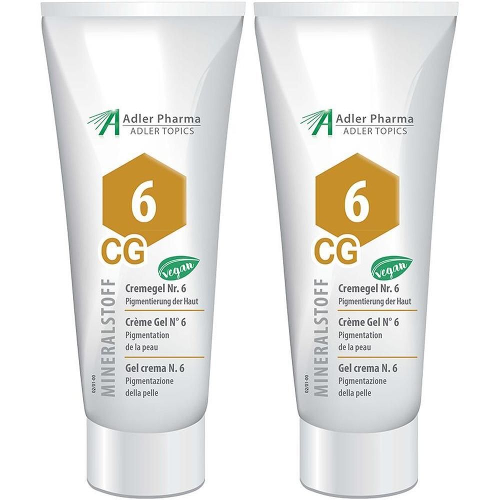 Zwei Tuben MINERALSTOFF Cremegel Nr. 6 mit "vegan"-Siegel und Adler Pharma Logo.