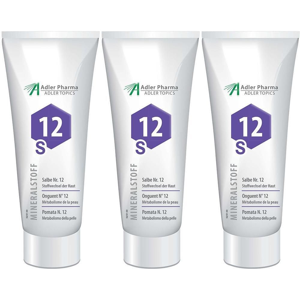 Drei Tuben MINERALSTOFF Salbe Nr. 12 von Adler Pharma mit lila Sechseck-Symbol und der Zahl 12.
