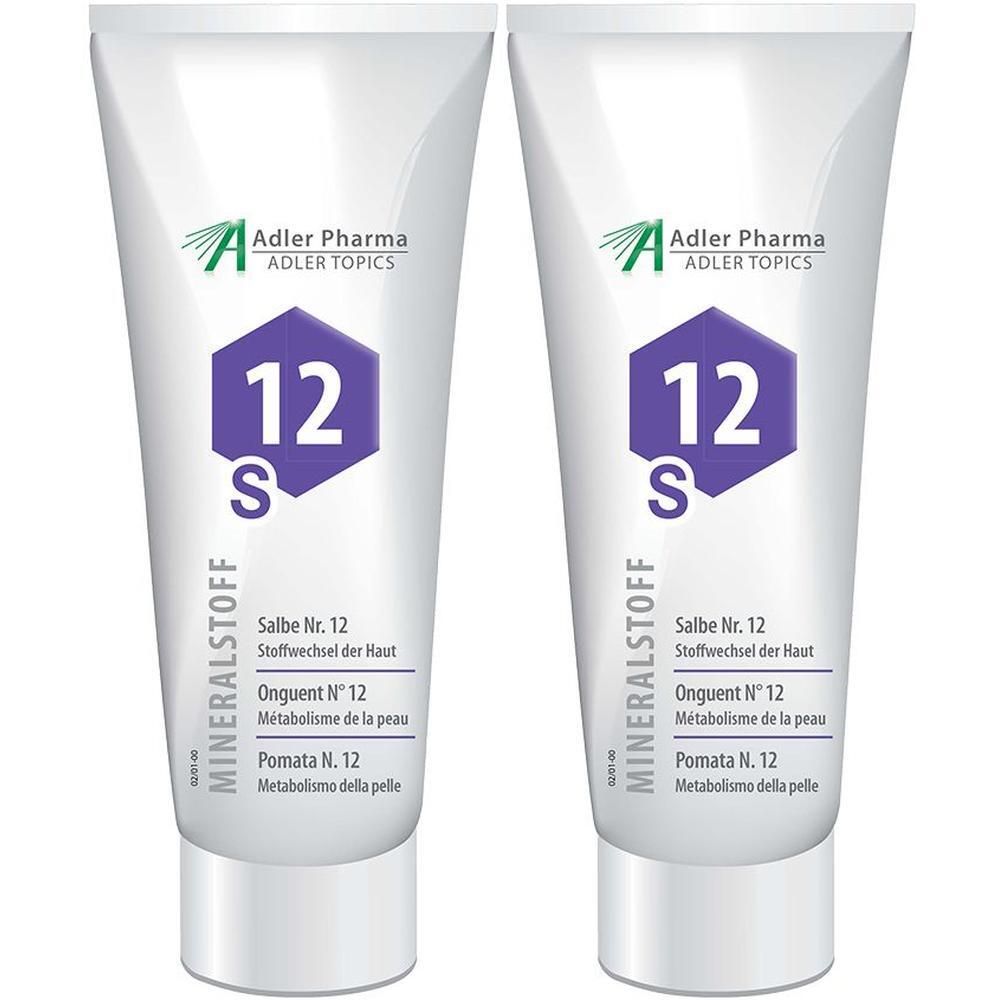 Zwei Tuben MINERALSTOFF Salbe Nr. 12 von Adler Pharma mit lila Sechseck-Symbol und der Zahl 12.