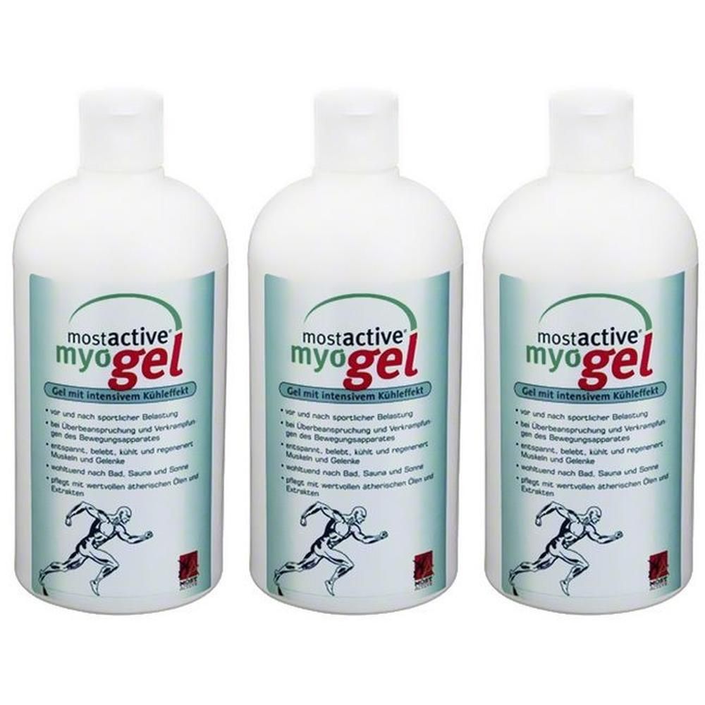 Drei weiße Flaschen mit Mostactive Myogel, Gel mit intensivem Kühleffekt. Abgebildet ist ein Läufer.
