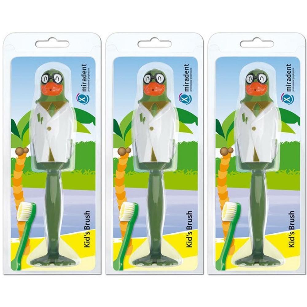 Drei Kinderzahnbürsten im Papageien-Design, verpackt in Blisterpackungen.