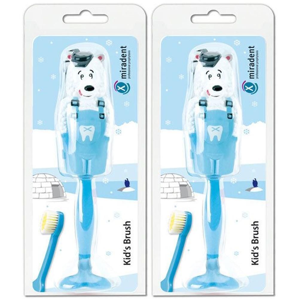 Zwei Packungen Kinderzahnbürsten mit blauem Griff und Eisbär-Design. Enthält Ersatzbürstenköpfe.