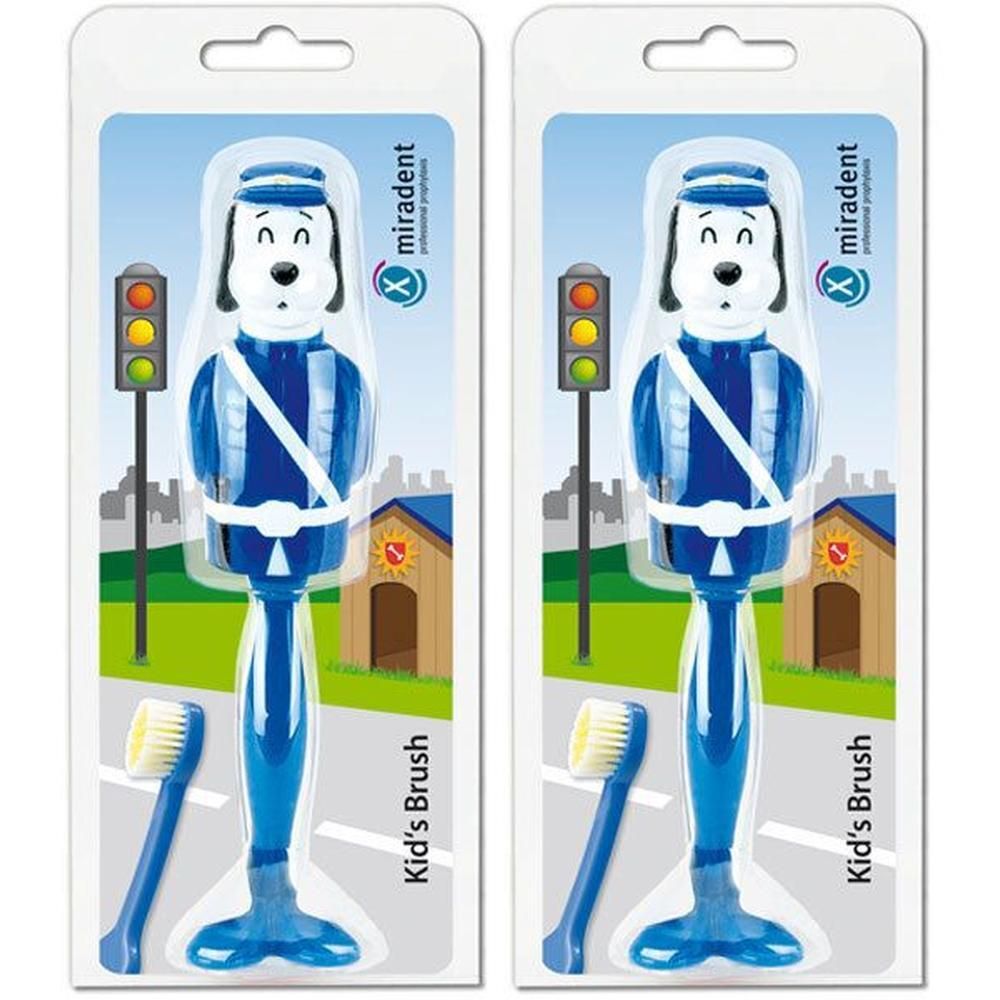 Zwei Kinderzahnbürsten im Hundedesign, blau, mit Schutzkappe und Verkehrsampel-Motiv.