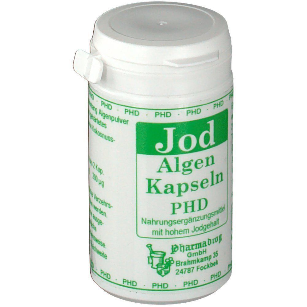 Weißer Behälter mit Jod Algen Kapseln PHD-Etikett, Vorderseite mit Produktinformationen.