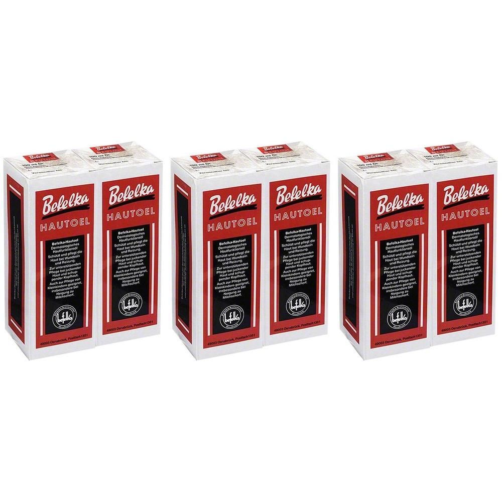 Drei Packungen Befelka Hautöl mit rotem und schwarzem Design. Jede Packung zeigt den Markennamen und Produktinformationen.