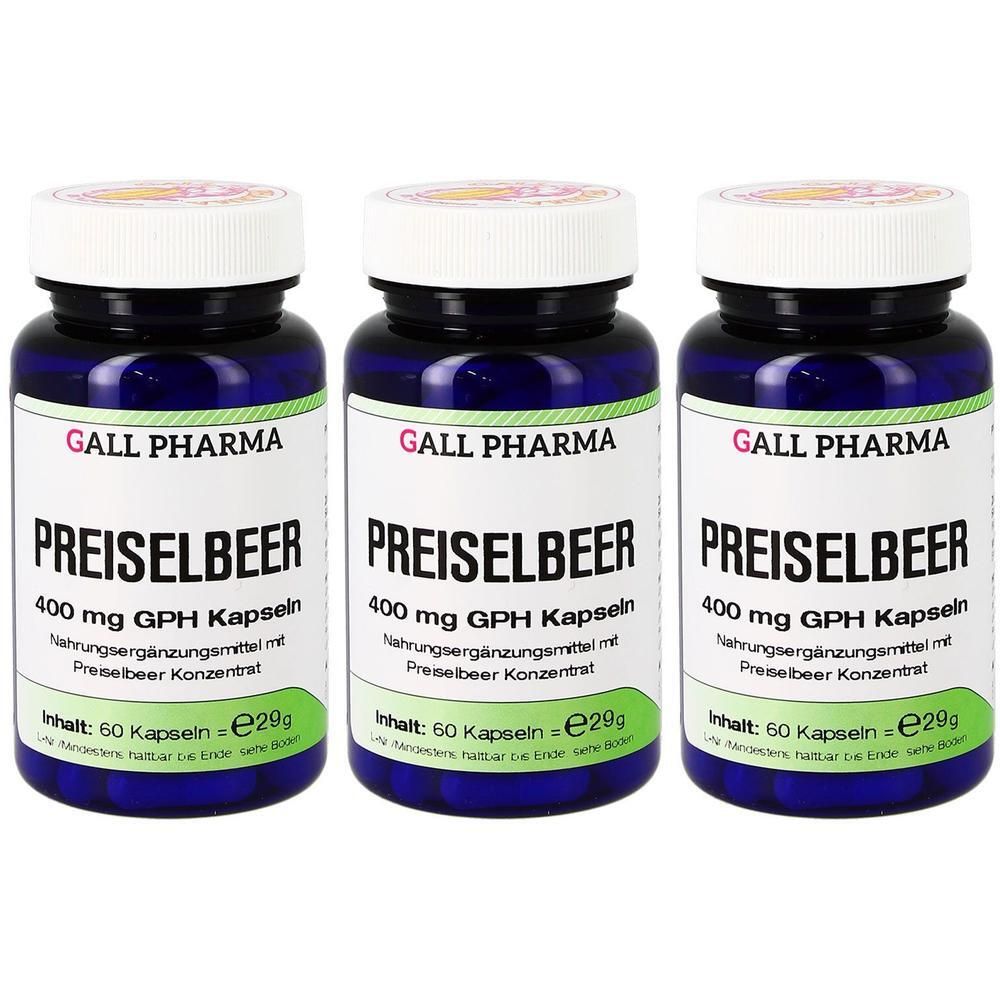 Drei Flaschen GALL PHARMA Preiselbeer Kapseln, 400 mg GPH. Blaue Behälter mit weißen Etiketten.