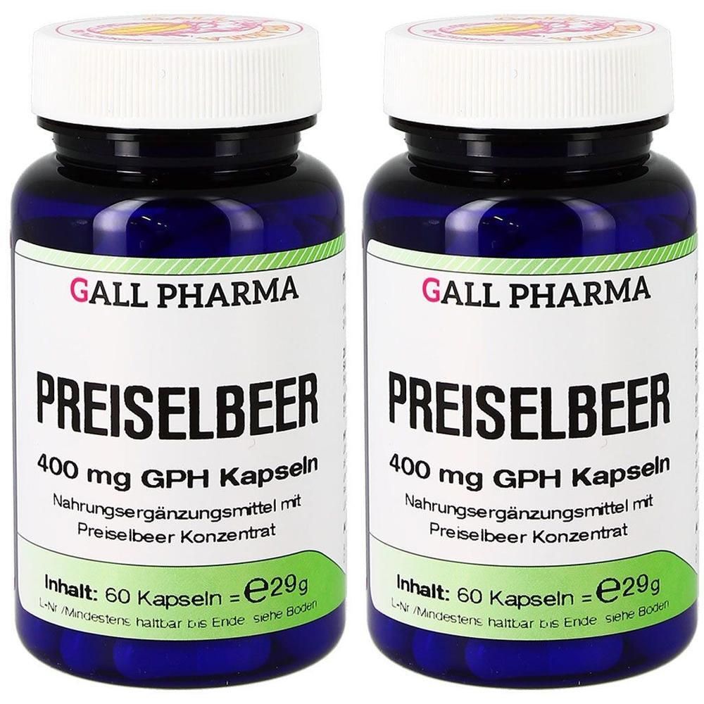 Zwei blaue Flaschen GALL PHARMA Preiselbeer Kapseln, 400 mg GPH. Enthält 60 Kapseln pro Flasche.