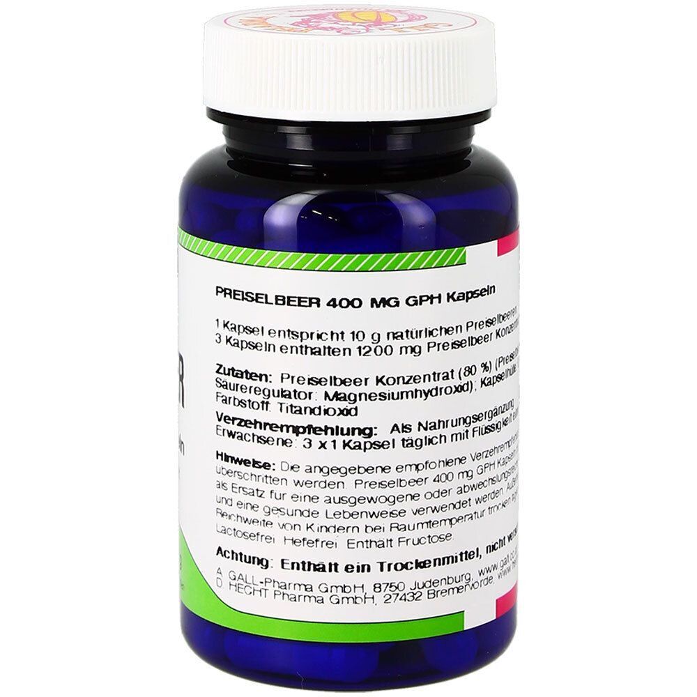 Rückseite einer blauen Flasche Preiselbeer 400 mg GPH Kapseln. Enthält Zutaten- und Verzehrempfehlungen.