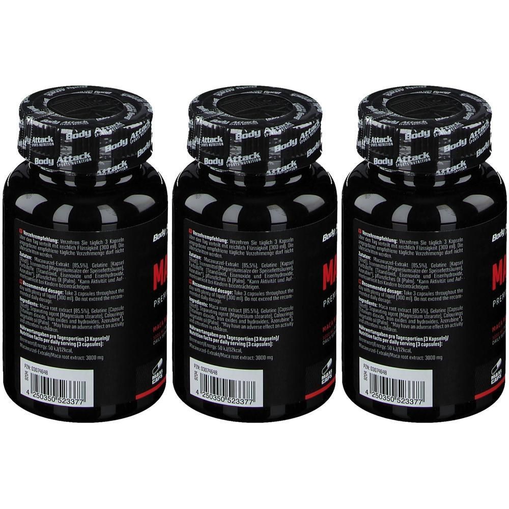 Drei schwarze Behälter mit Body Attack MACA 3000 Kapseln. Etiketten mit Produktinformationen und Barcode.