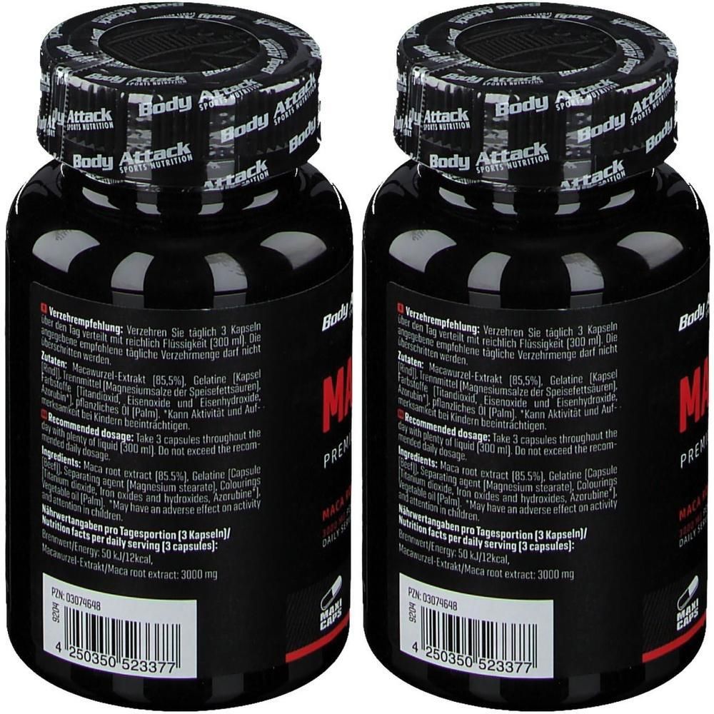 Zwei schwarze Behälter mit Body Attack MACA 3000 Kapseln. Etiketten mit Anwendungshinweisen und Inhaltsstoffen.