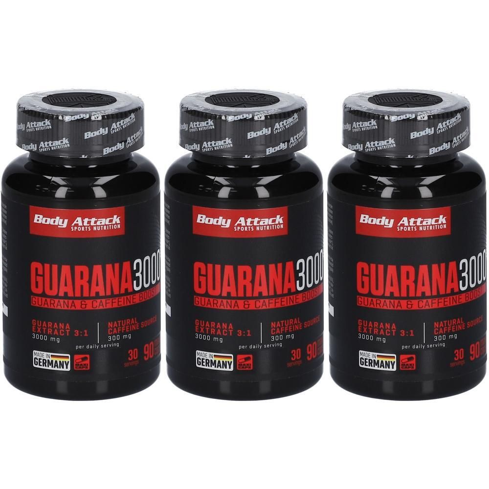 Drei schwarze Behälter mit Body Attack Guarana 3000, 3000 mg Guarana-Extrakt pro Portion.
