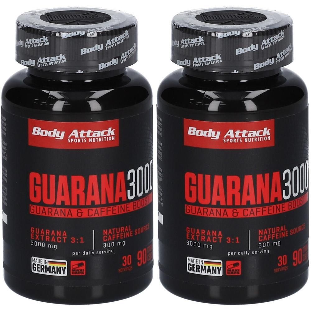 Zwei schwarze Behälter mit Body Attack Guarana 3000, Guarana & Koffein Boost.