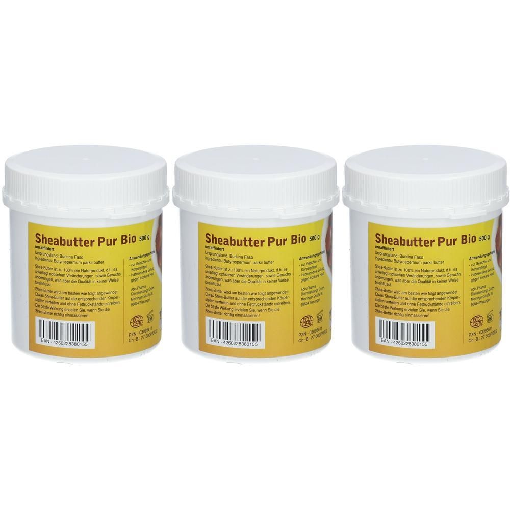 Drei weiße Tiegel mit Bio Sheabutter Pur. Gelbes Etikett mit Produktinformationen und Barcode.