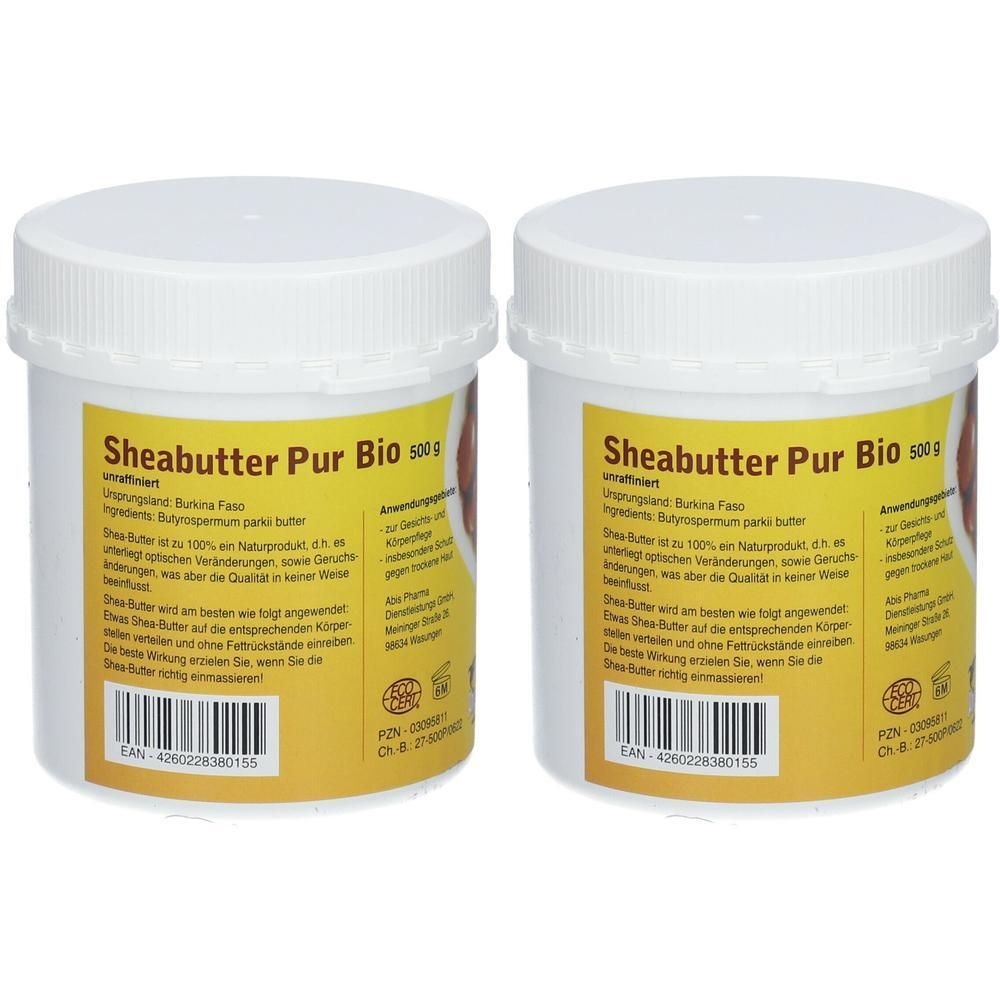 Zwei Behälter Bio Sheabutter Pur, je 500g. Mit Bio-Siegel und EAN-Code.